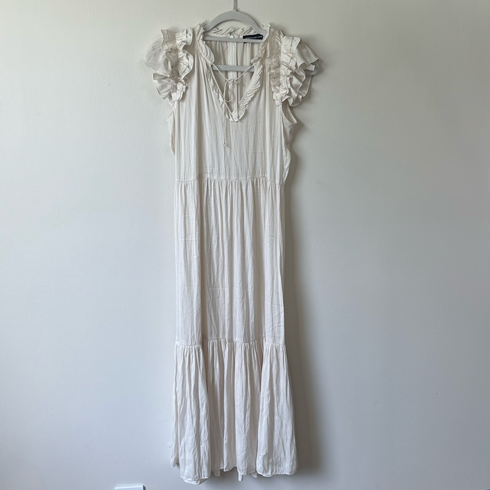 Generation Love Women's Ivory Tiered Midi Dress Ruched Ruffle Sleeves